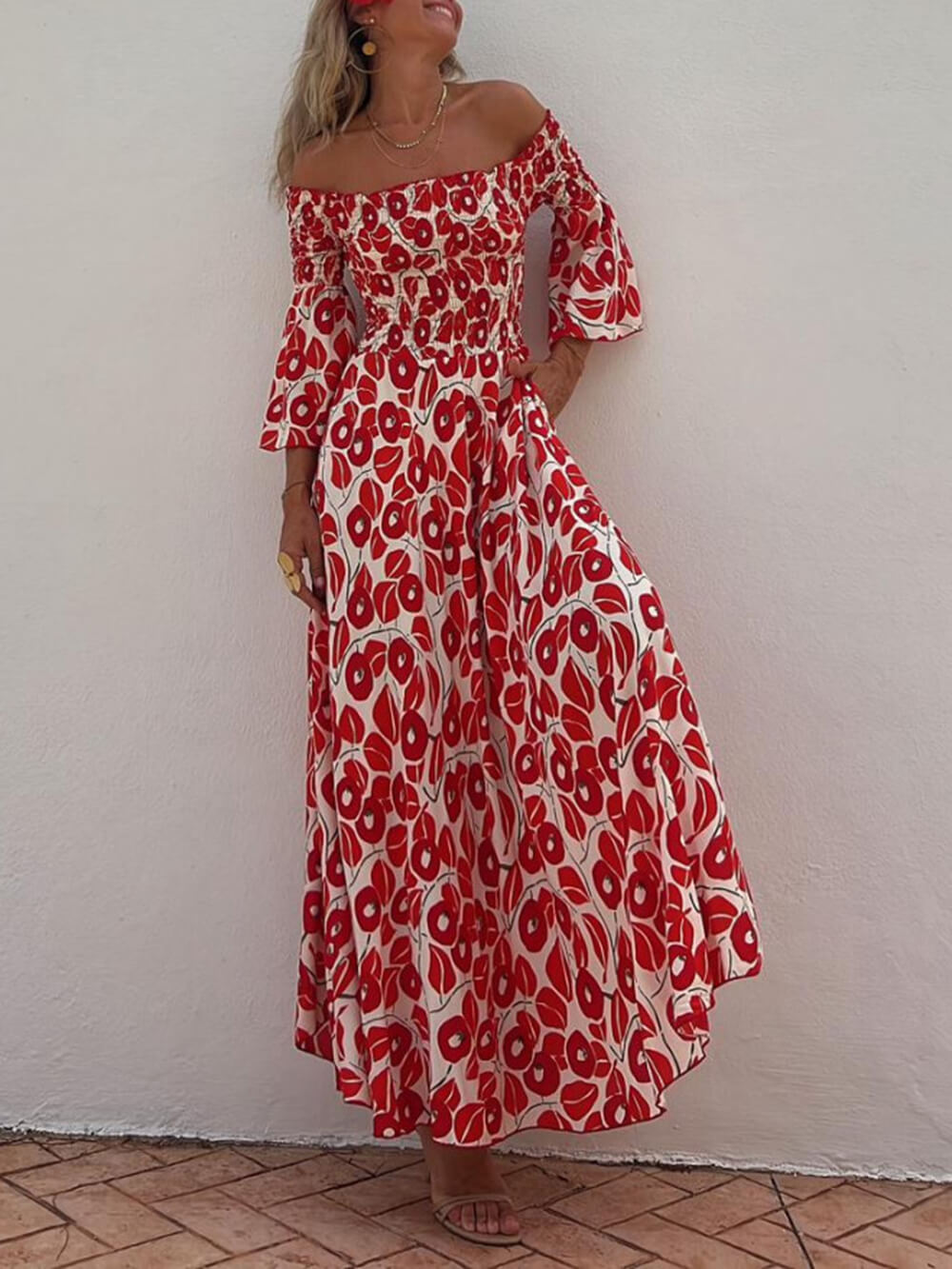 Floral Print Smocked Off Shoulder Pocketed Maxi Dress Newgew Dresses