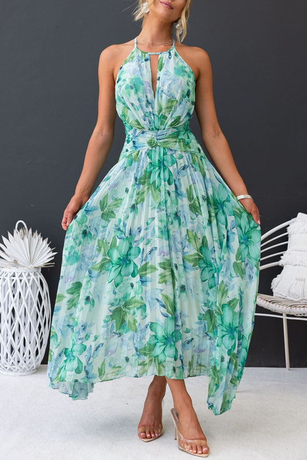 Aqua Floral Print Halter Cutout Neck Pleated Maxi Dress Newgew Dresses