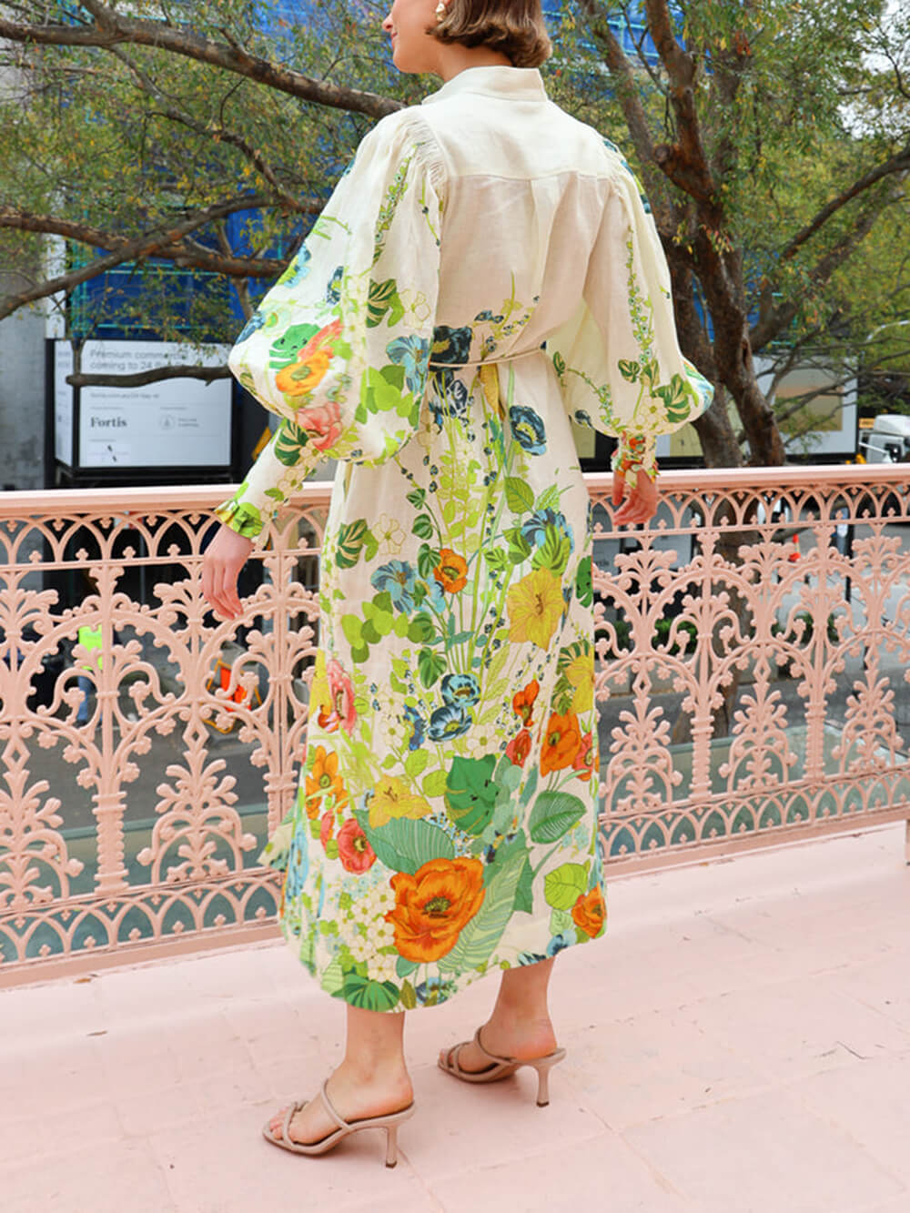 Unique Print Lantern Sleeve Cream Cardigan Style Shirt Dress Newgew Dresses