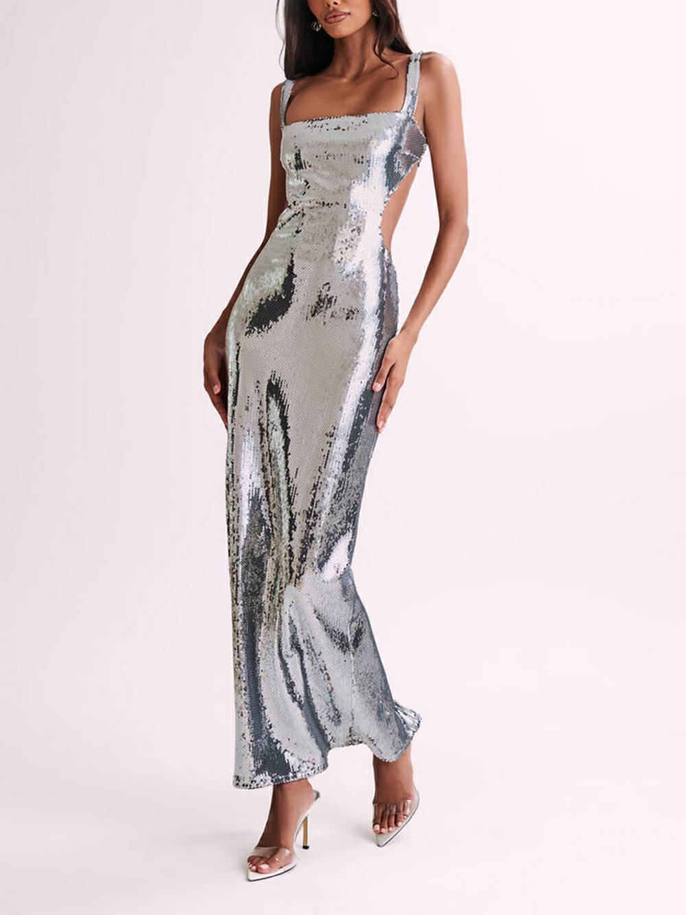 Sequin Cut Out Maxi Dress - Silver Newgew Dresses