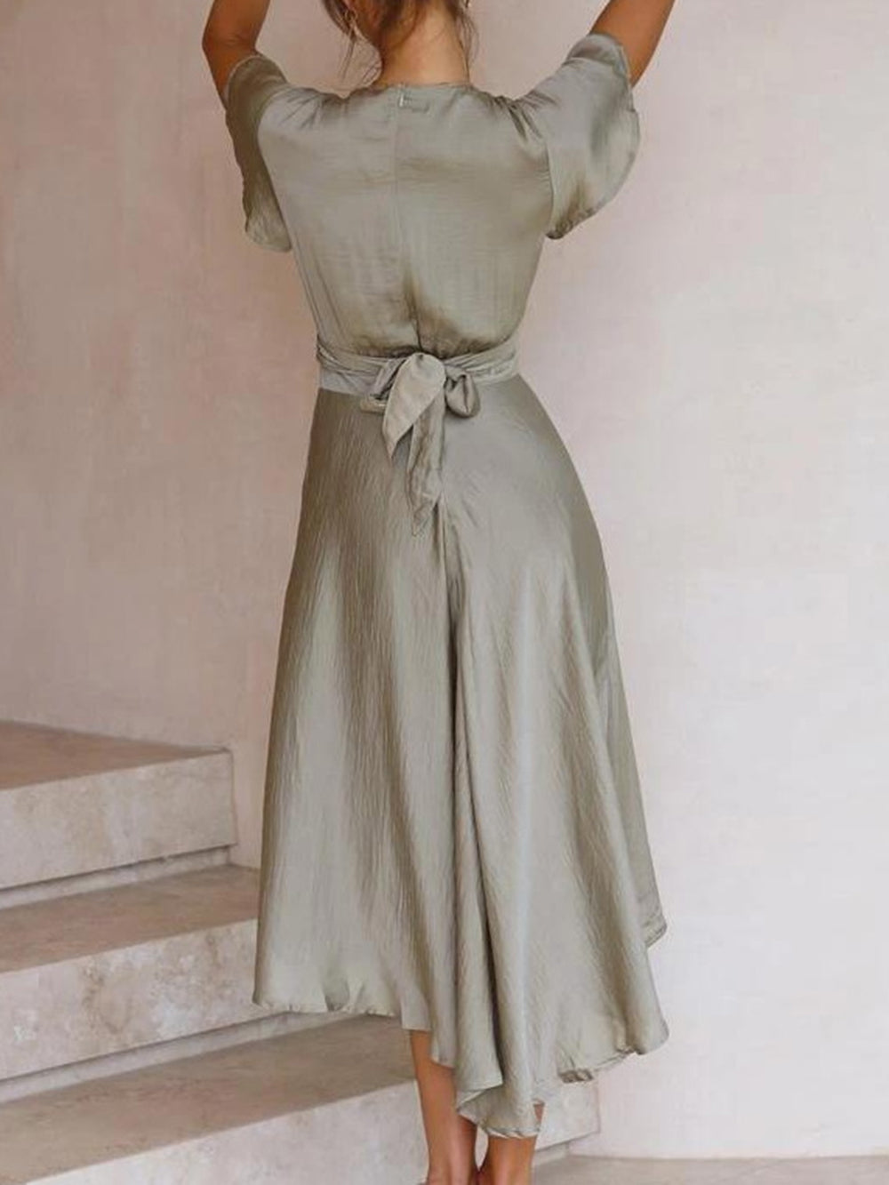 Sage Satin  Maxi Wrap Dress: Twist-Front Cutout Newgew Dresses