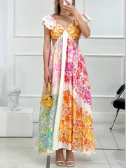 Floral Frill Cutout Back Tie-Up Maxi Dress Newgew Dresses