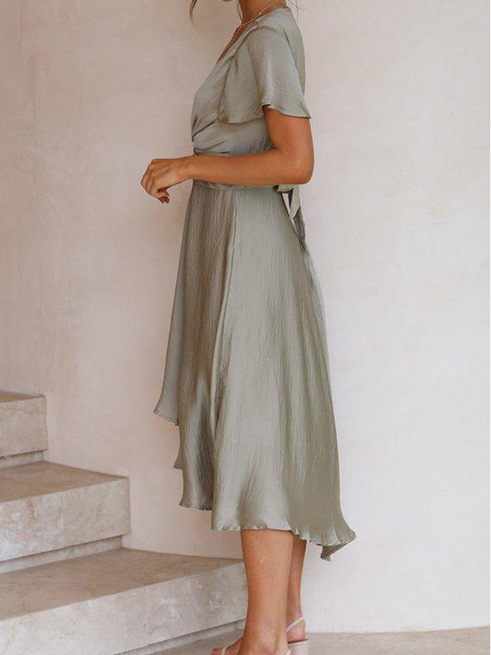 Sage Satin  Maxi Wrap Dress: Twist-Front Cutout Newgew Dresses