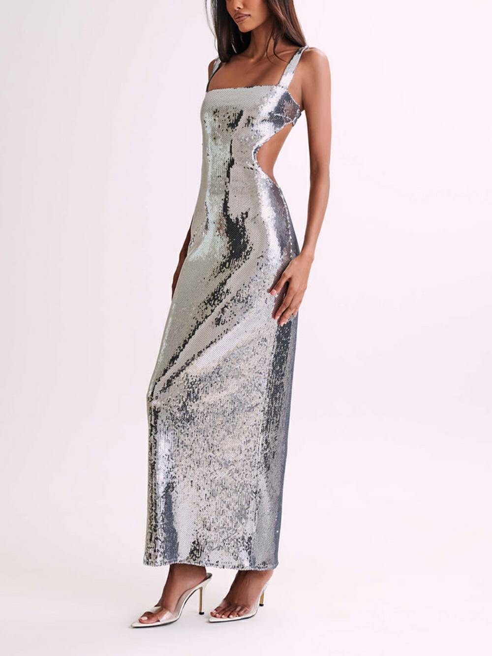 Sequin Cut Out Maxi Dress - Silver Newgew Dresses