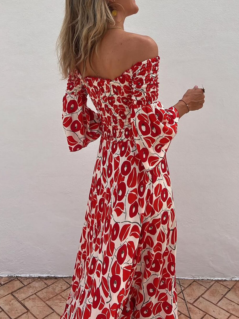 Floral Print Smocked Off Shoulder Pocketed Maxi Dress Newgew Dresses