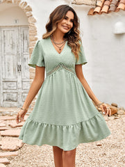 Solid Color V-neck Ruffle Sleeve Dress Newgew Dresses