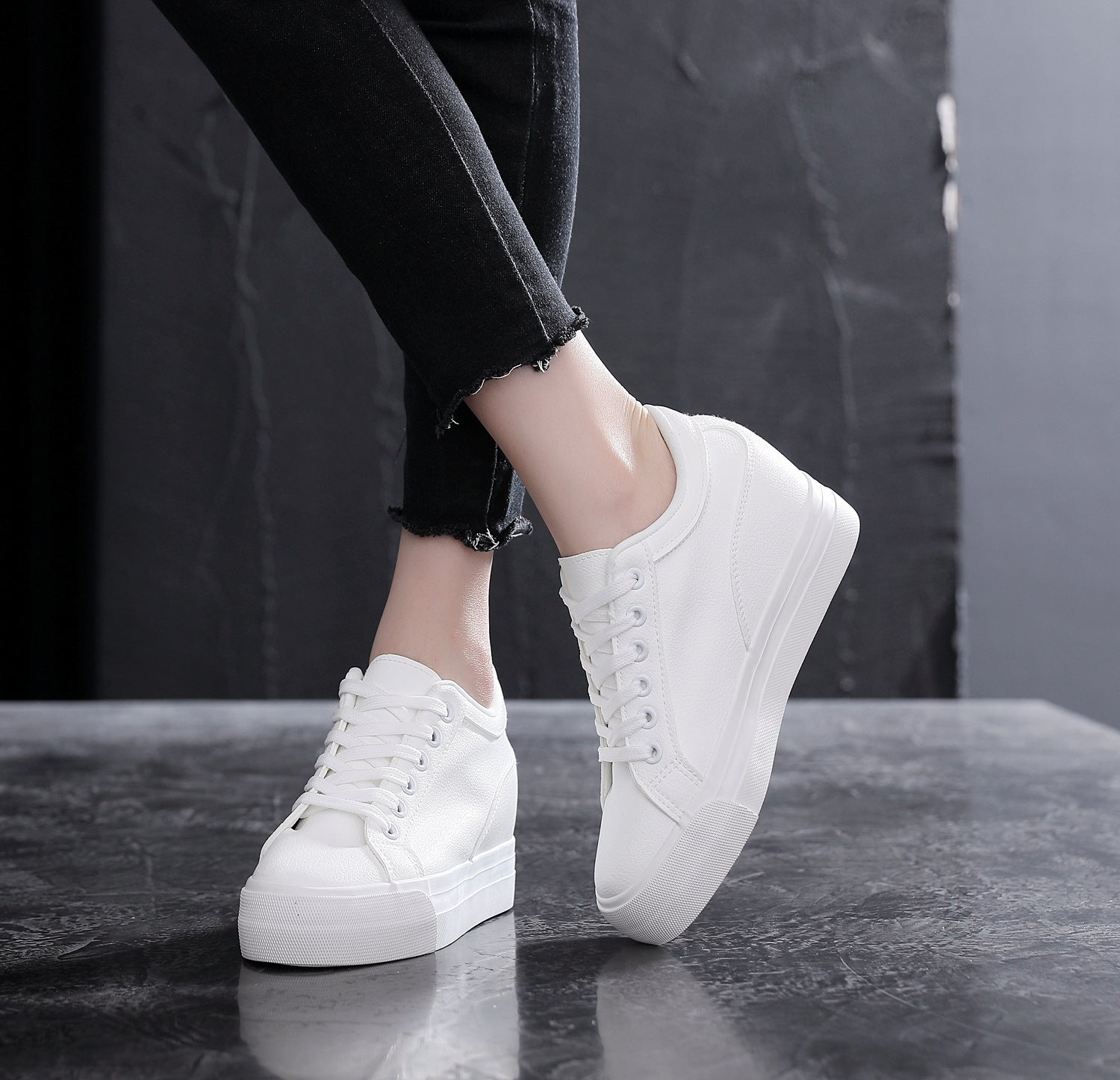 Women's White Soft Korean Style Platform Height Increasing Canvas Shoes Newgew