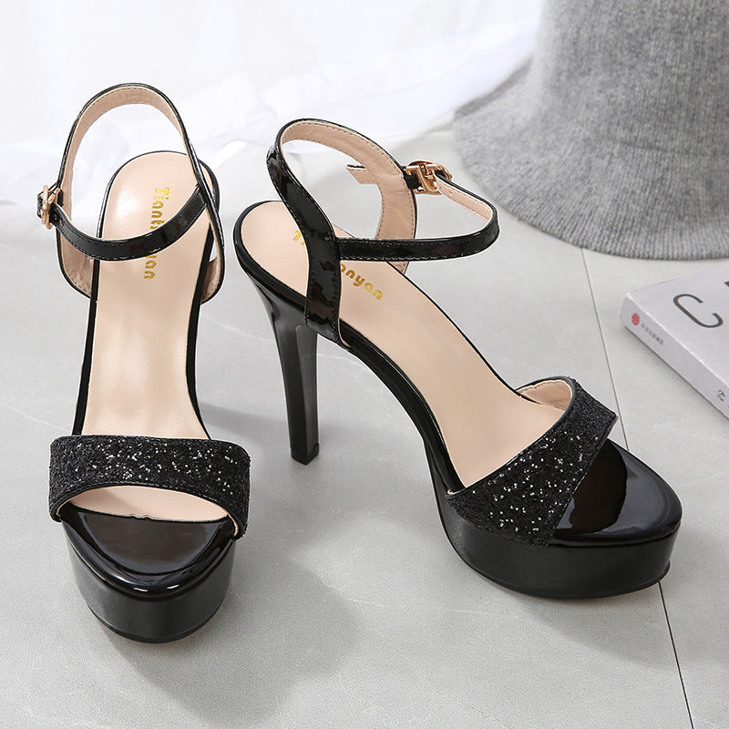 Copy of Thick Sole Buckle Strap Open Toe Pumps - Black Newgew