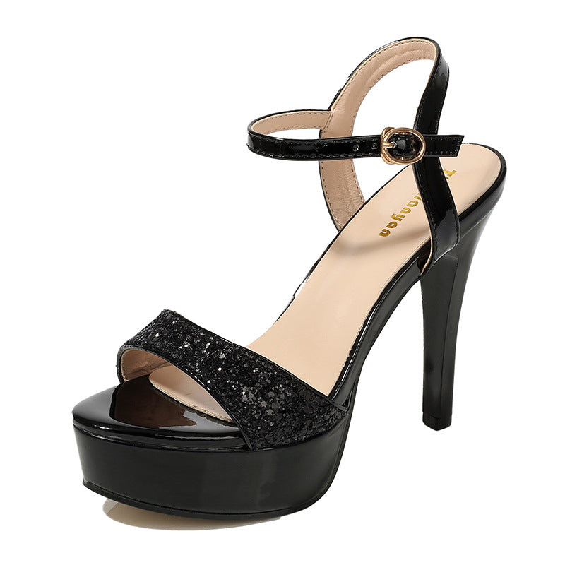 Copy of Thick Sole Buckle Strap Open Toe Pumps - Black Newgew