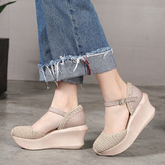 Women Leather Knitted Patchwork Chunky Wedge Casual Sandals Newgew Shoes