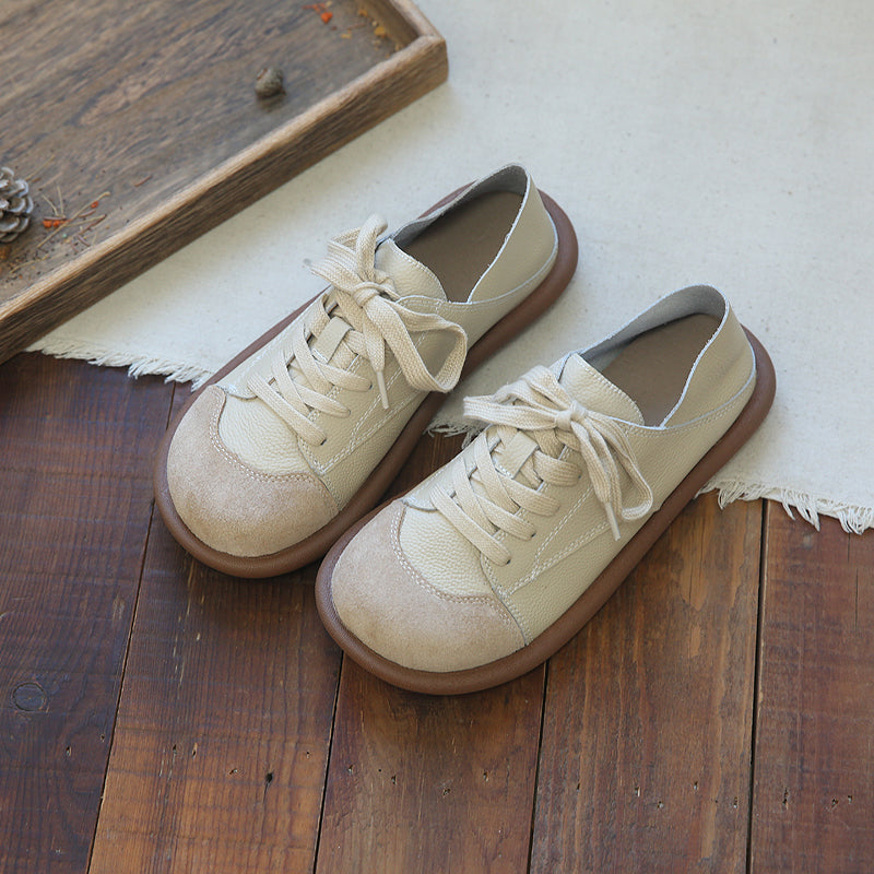 Women Retro Round Head Cowhide Soft Flat Casual Shoes Newgew Shoes