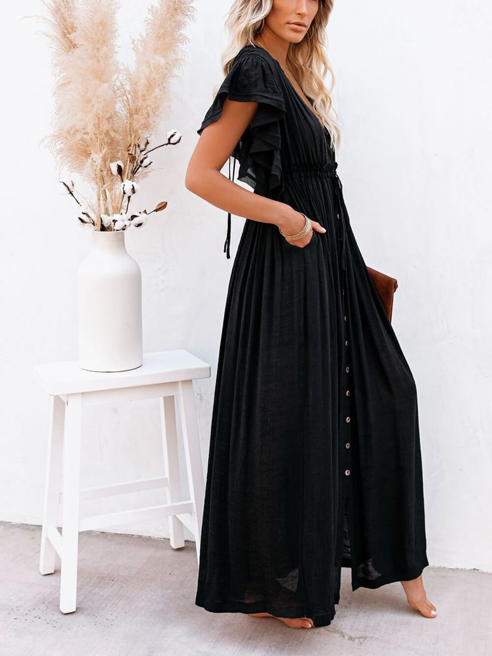 Button Cotton Linen Perfect Beach Boho Maxi Dress Newgew Dresses
