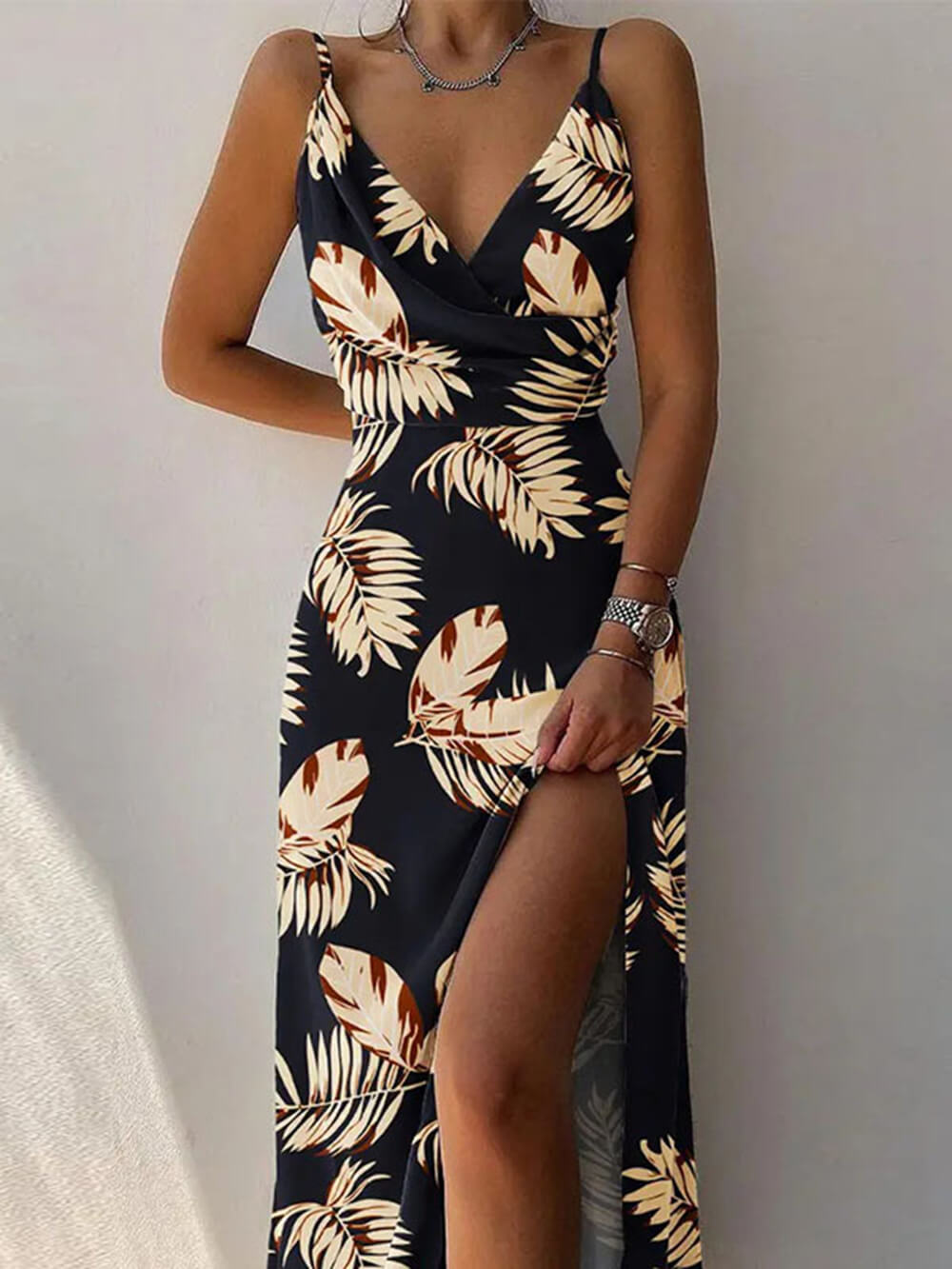 Elegant Unique Printed Spaghetti Strap Pleated Leg Slit Dress Newgew Dresses