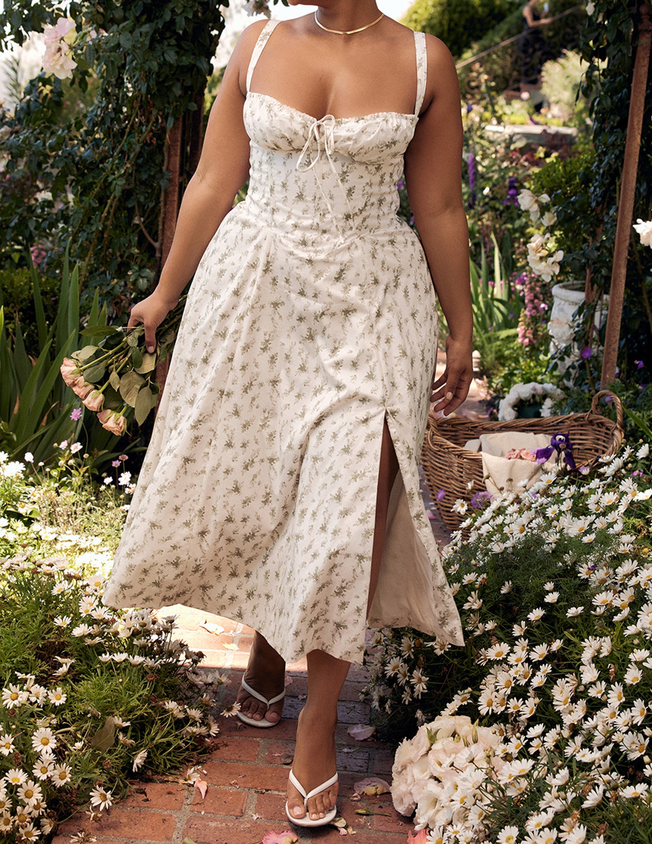Rose Print Herringbone Slip Dress Newgew Dresses