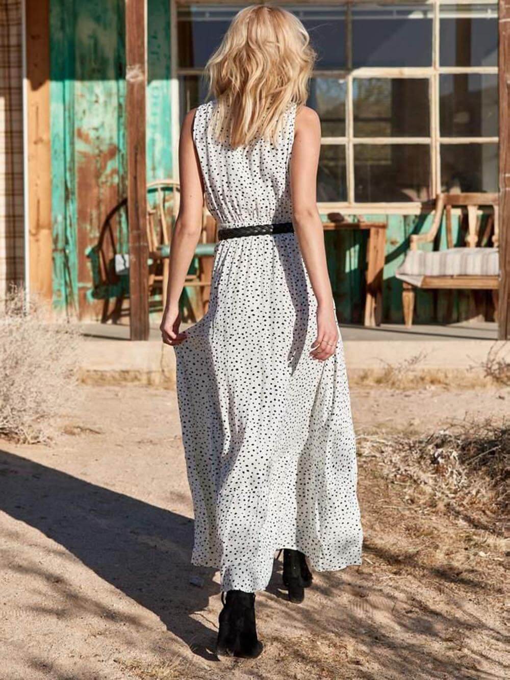 Bohemian V-Neck Sleeveless Polka-Dot Maxi Dress Newgew Dresses
