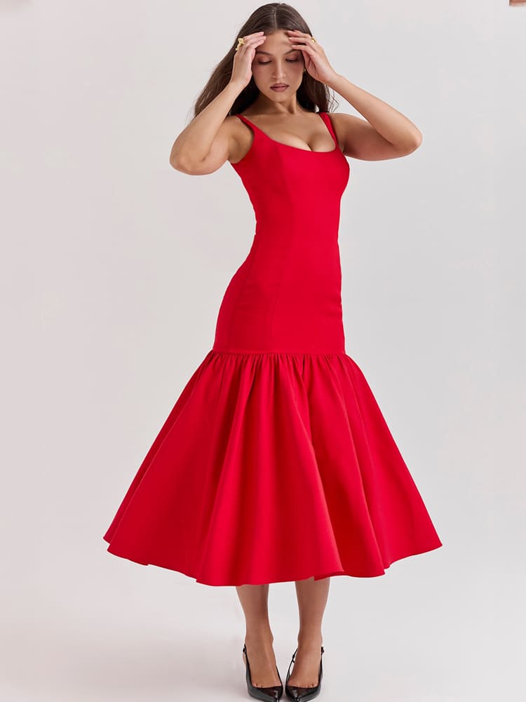 Low-Waist Bodycon Midi Dress - Scarlet Red Newgew Dresses