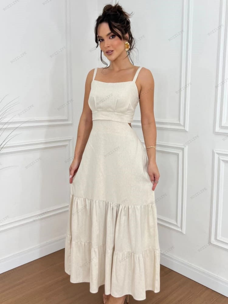 Trendy Versatile Solid Color Spaghetti Strap Midi Dress Newgew Dresses