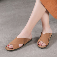 Women Retro Cowhide Soft Casual Slides Newgew Shoes