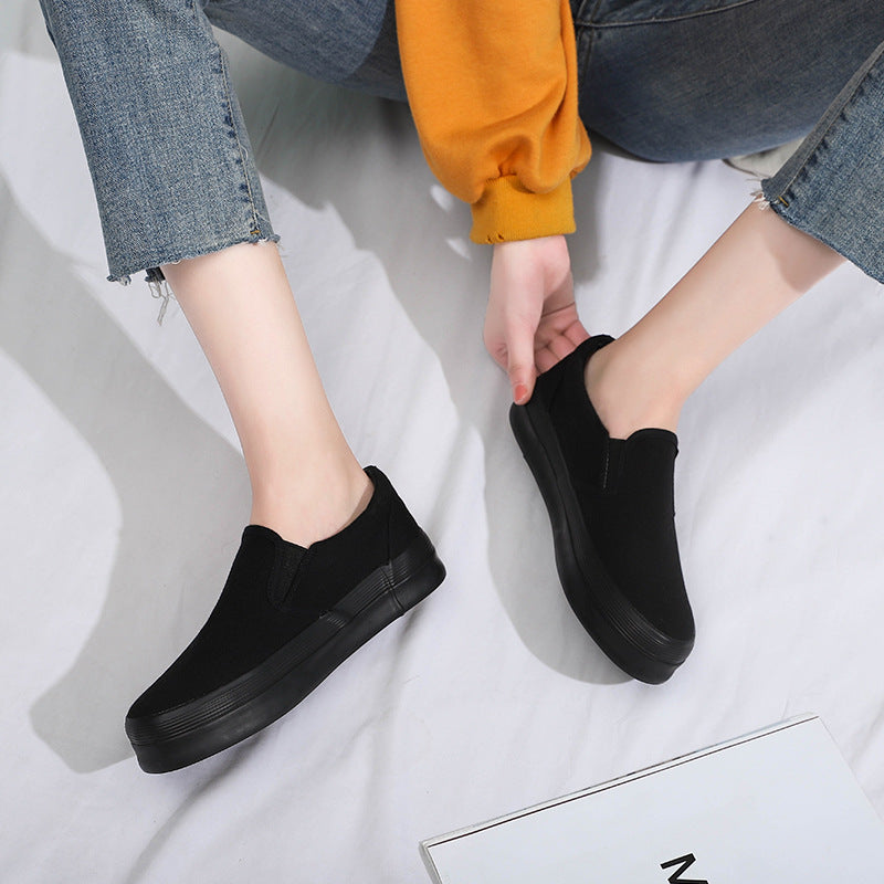 Women's Black Slip-on Korean Versatile White Platform Canvas Shoes Newgew