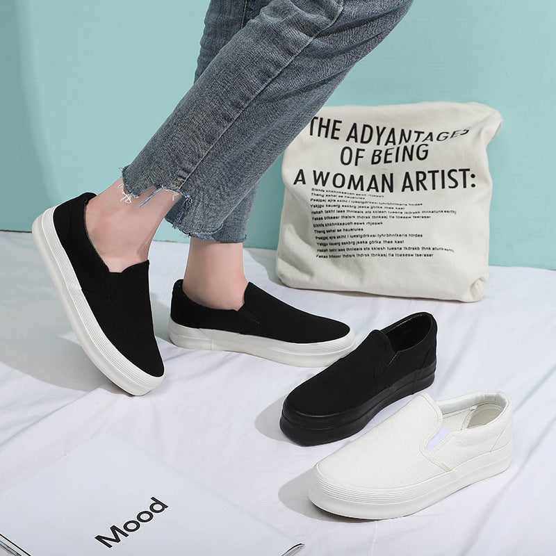 Women's Black Slip-on Korean Versatile White Platform Canvas Shoes Newgew