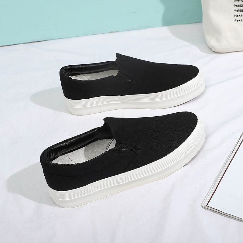 Women's Black Slip-on Korean Versatile White Platform Canvas Shoes Newgew