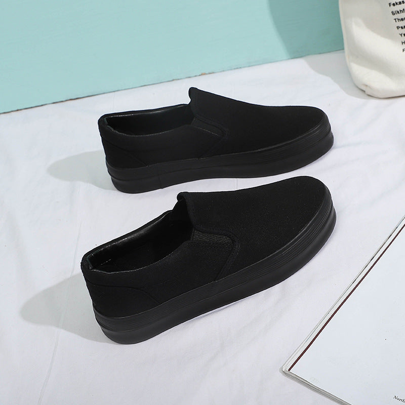 Women's Black Slip-on Korean Versatile White Platform Canvas Shoes Newgew