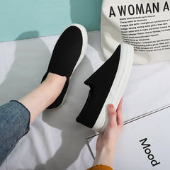 Women's Black Slip-on Korean Versatile White Platform Canvas Shoes Newgew