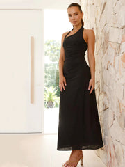 Casual Solid Color Sleeveless Backless Halter Midi Dress Newgew Dresses