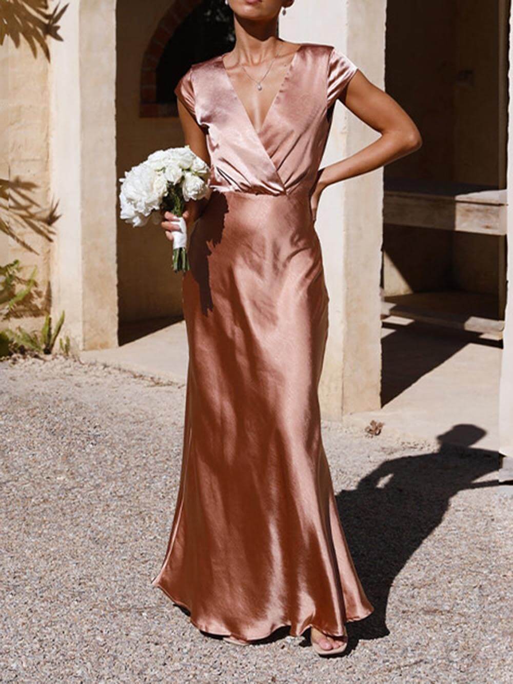 Spring/Summer Satin Solid Color V-Neck Fishtail Party Dress Newgew Dresses