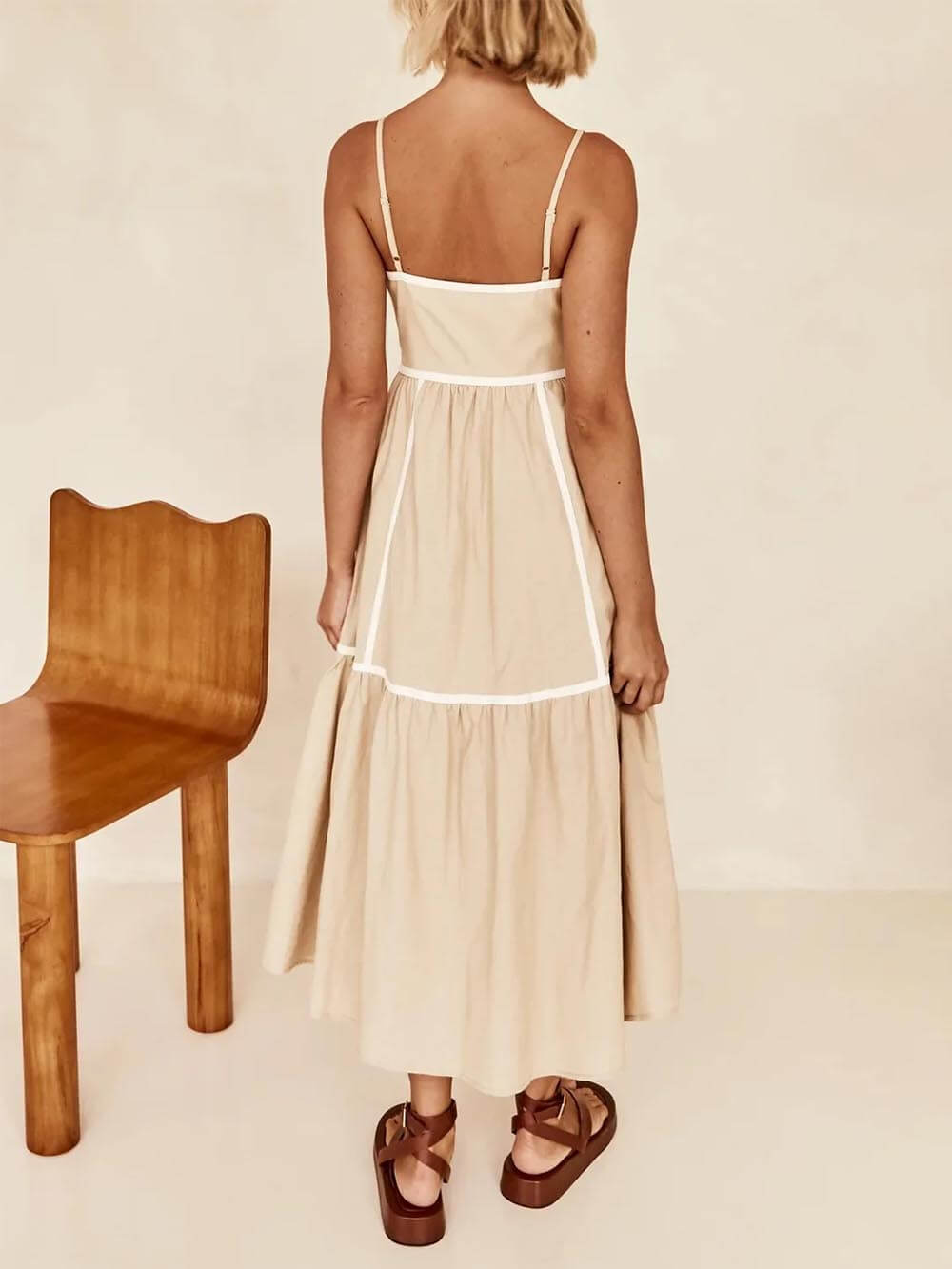 Contrast Color Trim Adjustable Straps Midi Dress Newgew Dresses