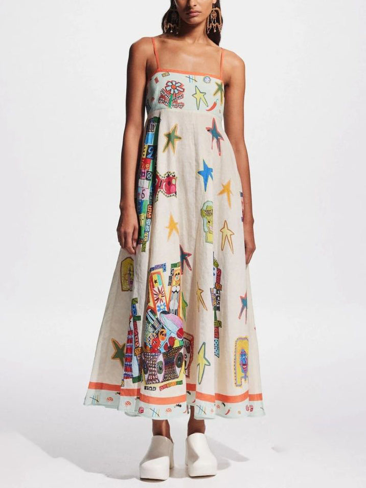 Unique Graffiti Print Suspenders Long Swing Maxi Dress Newgew Dresses