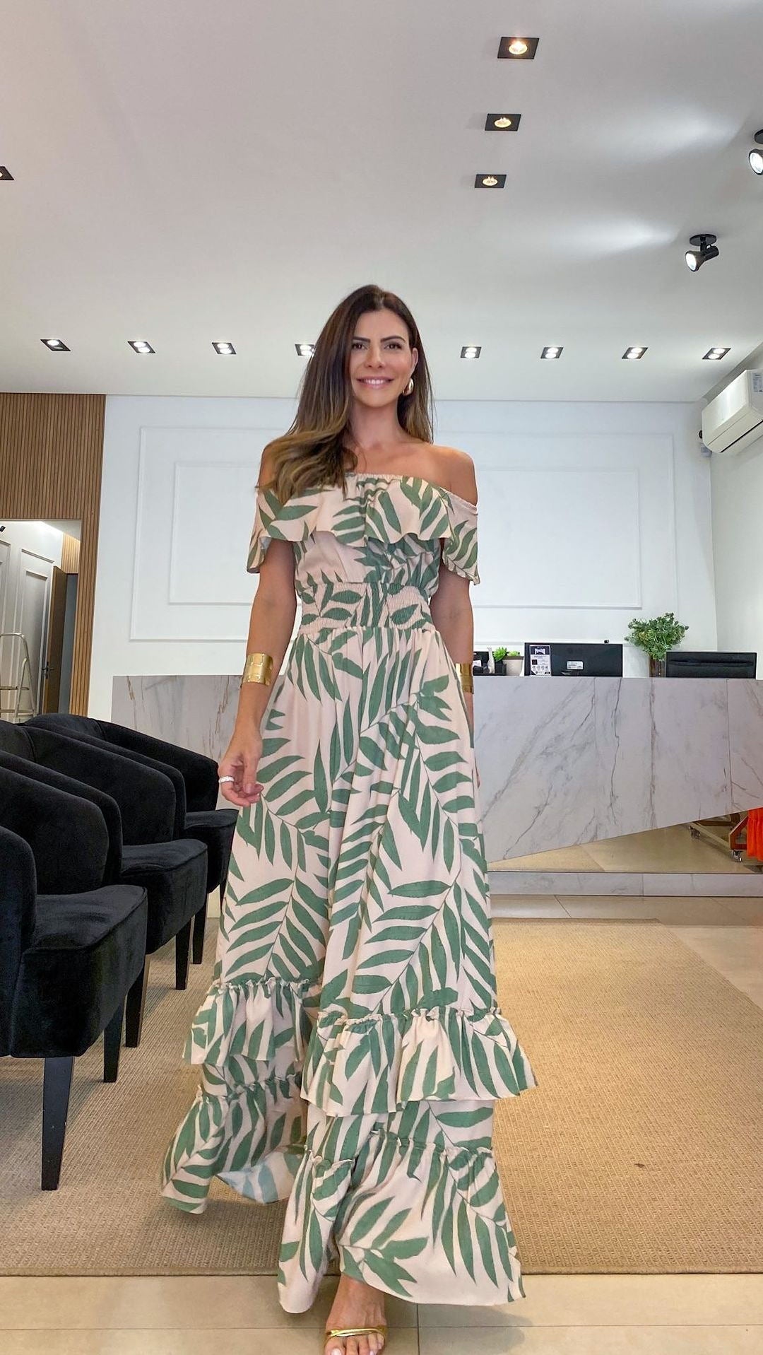 One Sleeve Palm Printed Self-Tie Tiered Maxi Dress Newgew Dresses