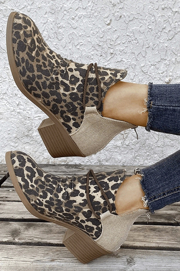 Retro Pointed Toe Square Heel Leopard Print Fashion Short Boots NewGew