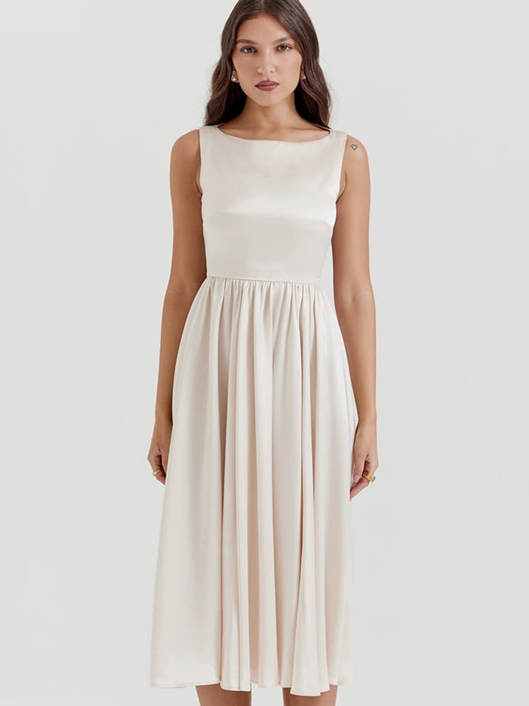 Vintage Low-Waist Midi Dress - Cream Beige Newgew Dresses