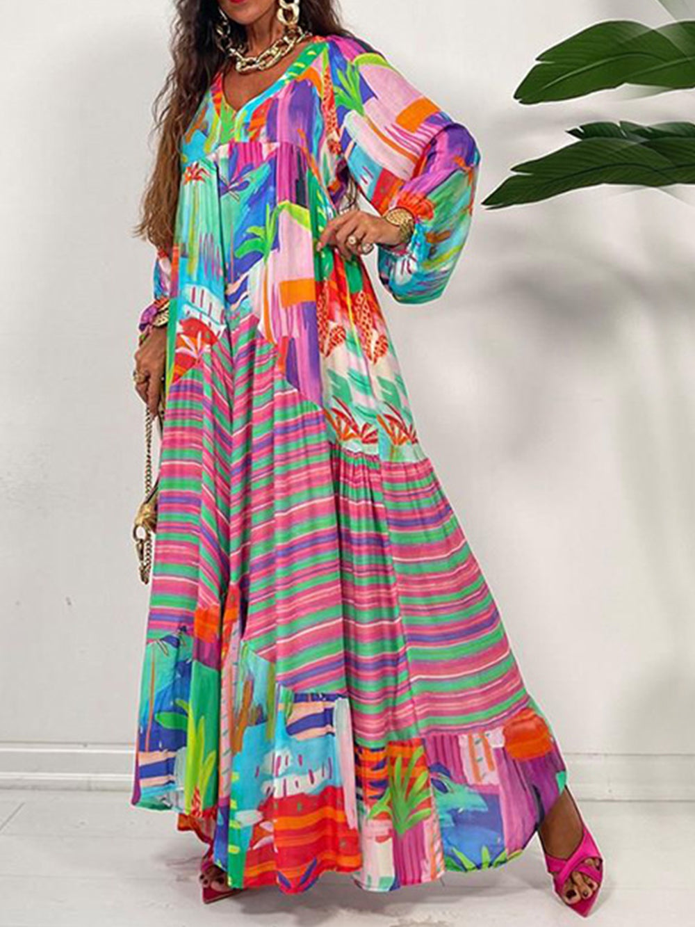 Oversized V-Neck Printed Maxi Dress Newgew Dresses
