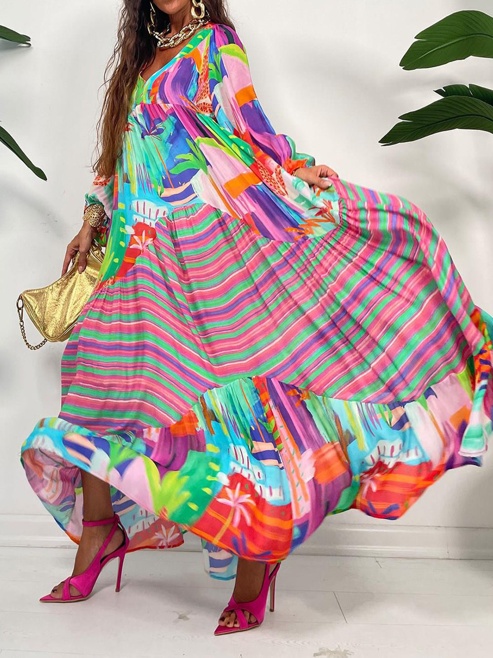 Oversized V-Neck Printed Maxi Dress Newgew Dresses