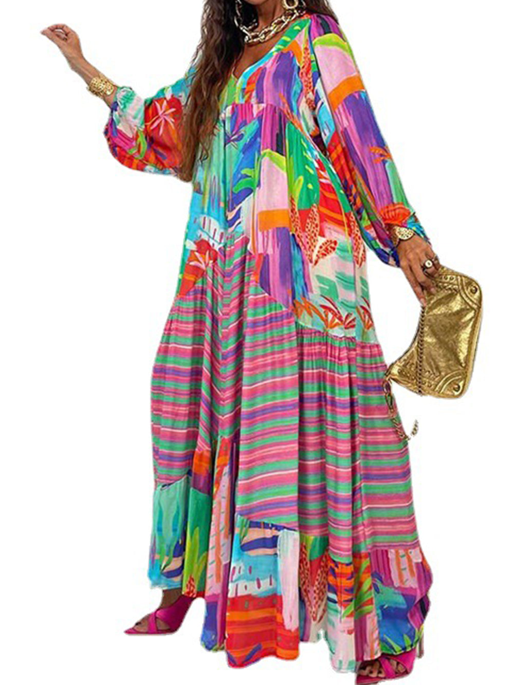 Oversized V-Neck Printed Maxi Dress Newgew Dresses