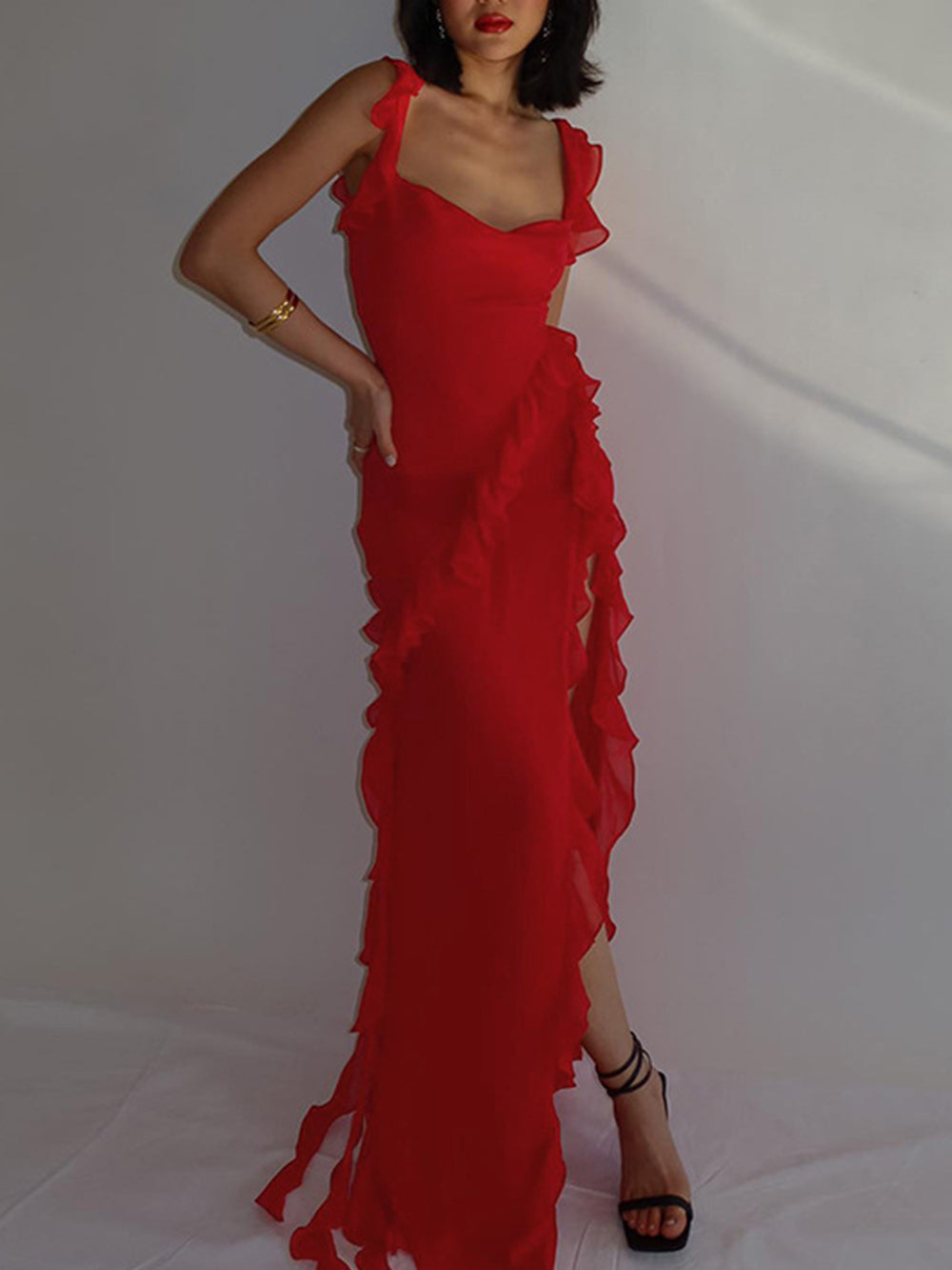 Red Chiffon Frill Slip Maxi Dress Newgew Dresses