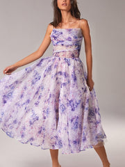 Strapless Sleeveless Printed Swing Midi Dress Newgew Dresses