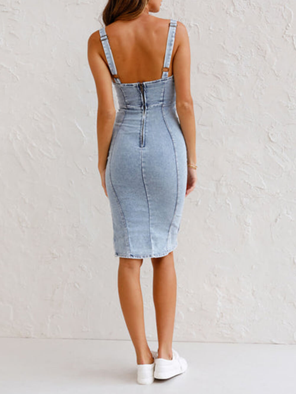 Adjustable Straps U Neck Slit Denim Bodycon Cami Dress Newgew Dresses