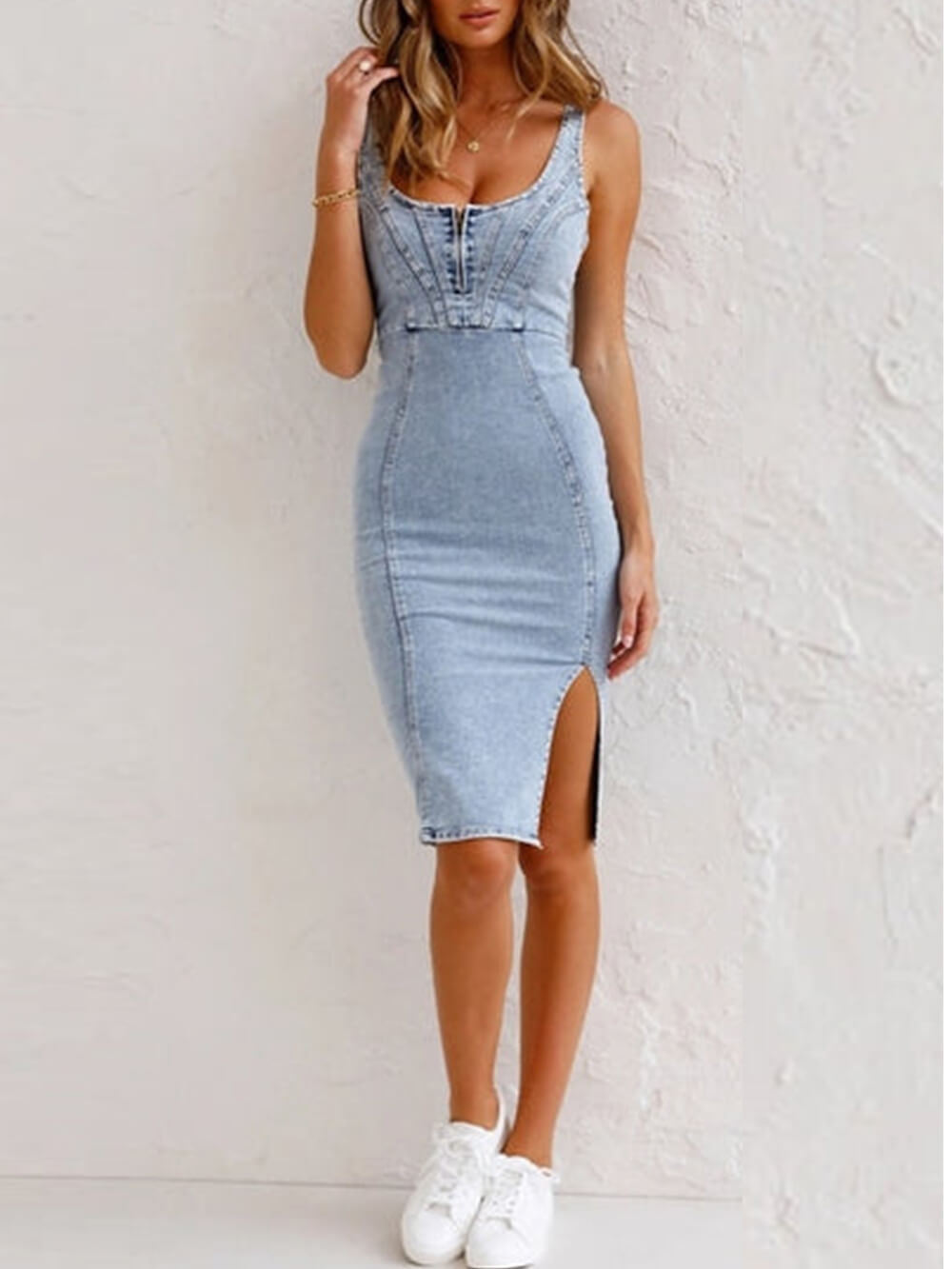 Adjustable Straps U Neck Slit Denim Bodycon Cami Dress Newgew Dresses