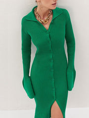 V-Neck Long Bell Sleeve Sweater Maxi Dress Newgew Dresses