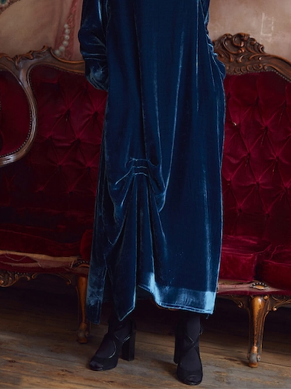 Draped Neck Ruched Velvet Midi Dress Newgew Dresses