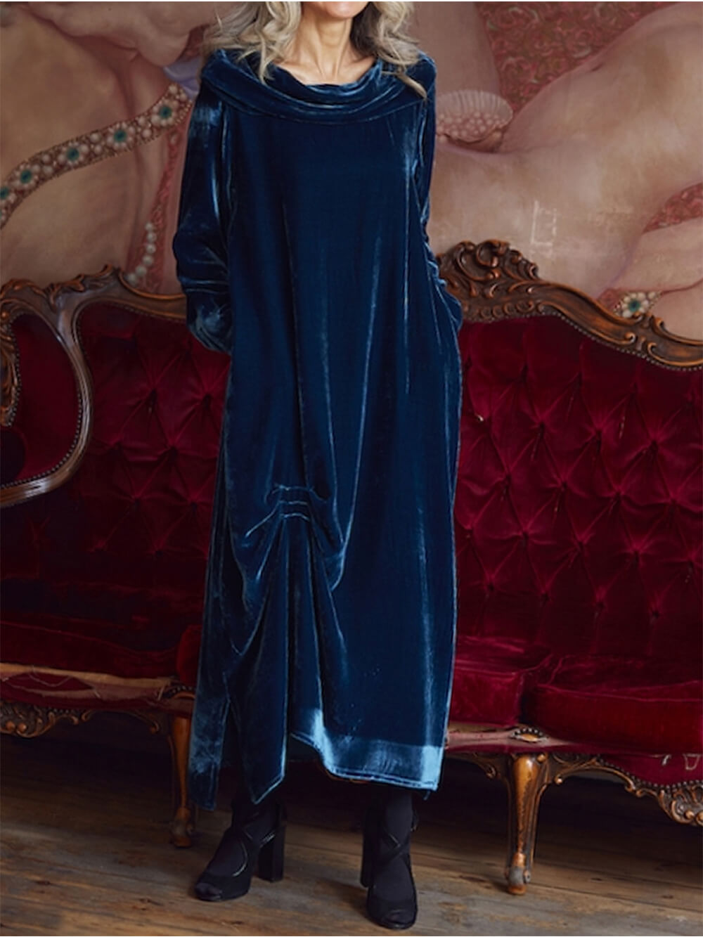Draped Neck Ruched Velvet Midi Dress Newgew Dresses