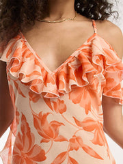 Shoulder Asymmetric Maxi Dress In Orange Floral Jacquard Newgew Dresses