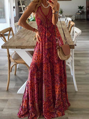 High Waist V-Neck Vintage Print Maxi Dress Newgew Dresses