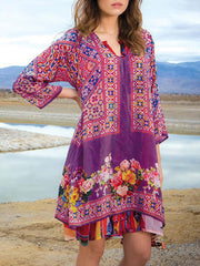 Ladies Casual Printed 3/4 Sleeve V Neck Dress Newgew Dresses