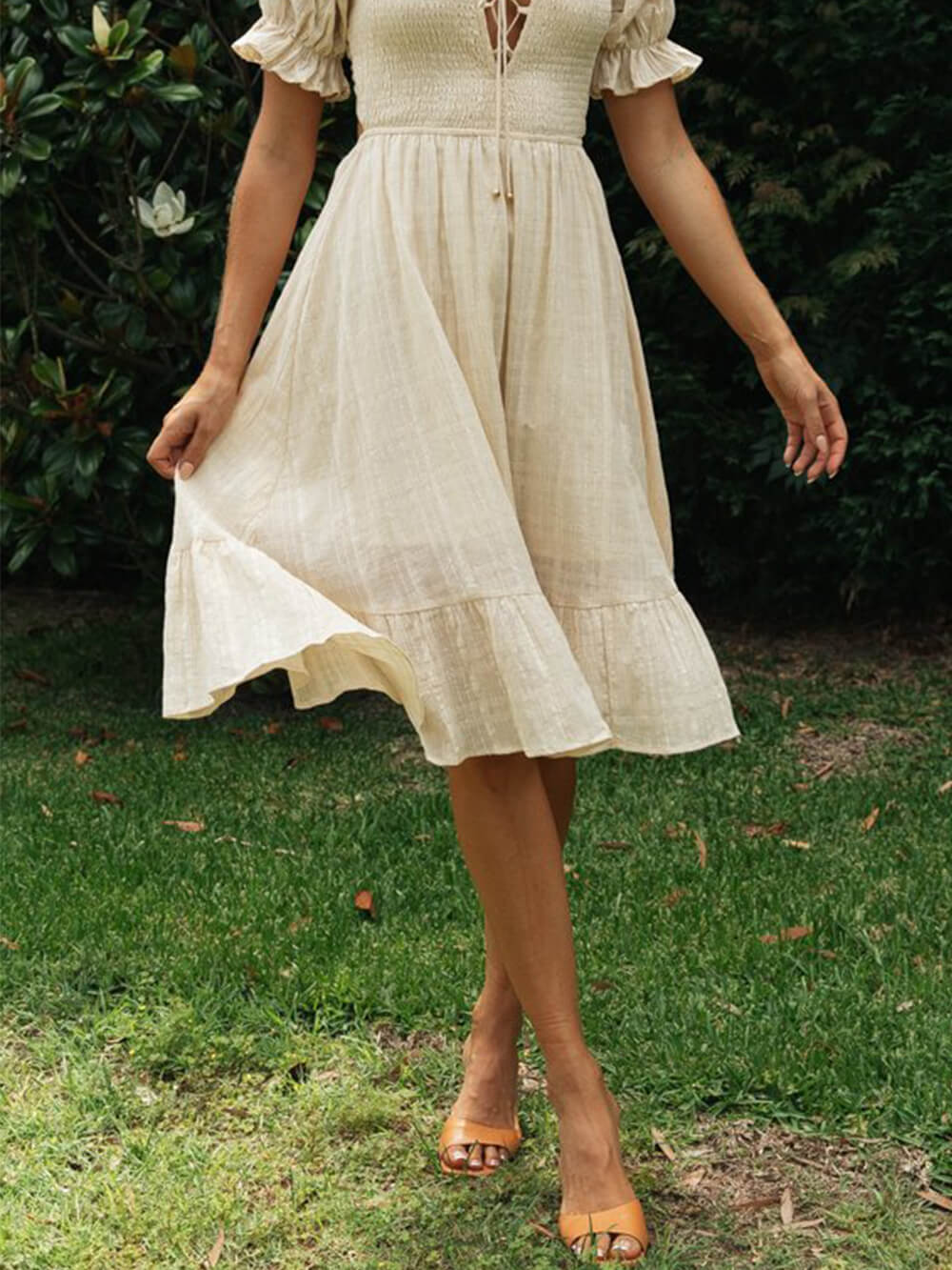 Elegant Solid Color Pastoral Midi Dress Newgew Dresses