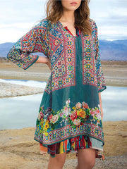 Ladies Casual Printed 3/4 Sleeve V Neck Dress Newgew Dresses