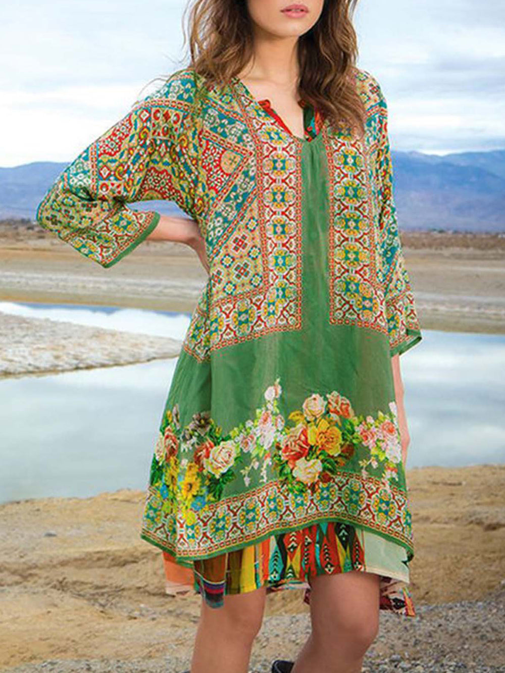 Ladies Casual Printed 3/4 Sleeve V Neck Dress Newgew Dresses